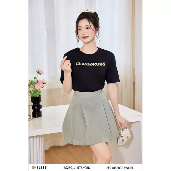 Áo thun đen in chữ thiết kế Elise ES2501146TSKCBK