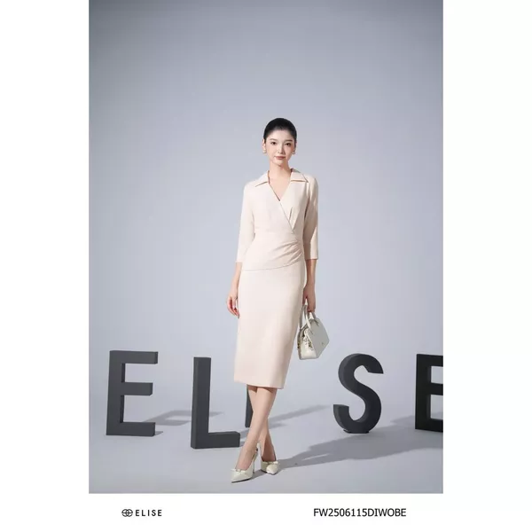 Đầm bút chì be sữa xếp nhún peplum thiết kế Elise FW2506115DIWOBE