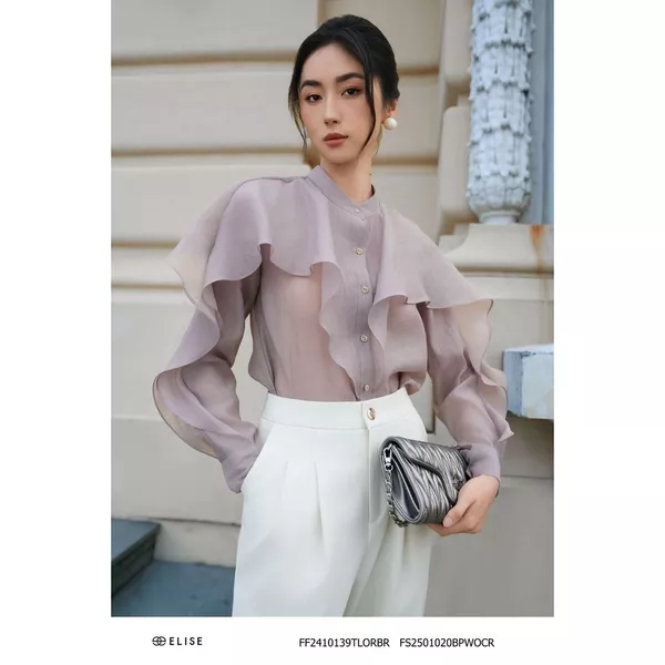 Sơ mi tơ nâu be bèo tay thiết kế Elise FF2410139TLORBR