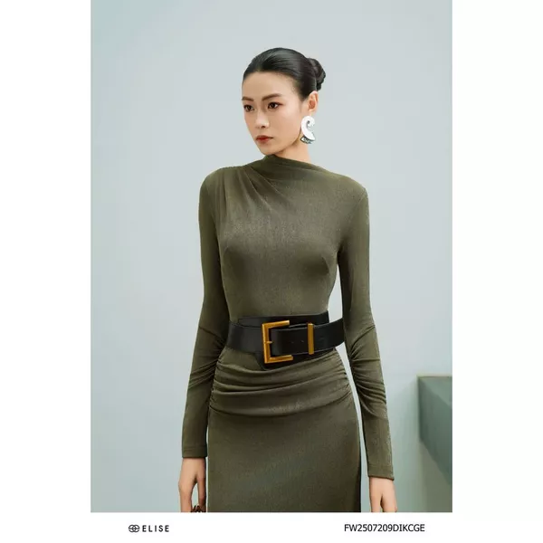 Đầm thun xanh rêu nhún vai eo thiết kế Elise mã FW2507209DIKCGE