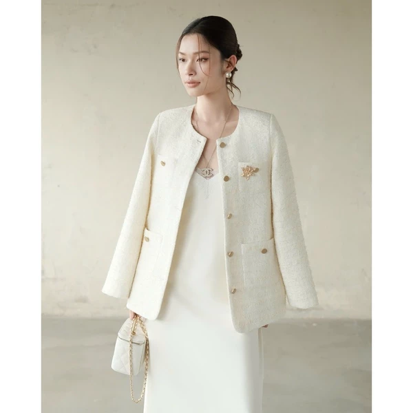 RUBIES Lillies Outer - Áo Khoác Kiểu Nữ Vải Tweed Dáng Suông Tay Dài Cổ Tròn