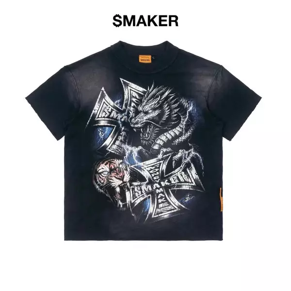 [SMAKER] Áo thun in hình 100% cotton màu đen - DRAGON TIGER WASHED TEE IN BLACK