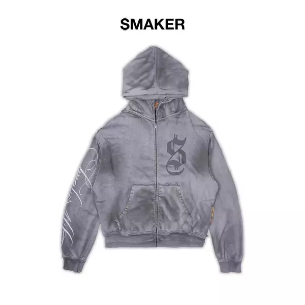 [SMAKER] Áo khoác zip 100% cotton màu xám có mũ - $MAKER4LIFE WASHED DOUBLE HOODS HOODIE IN GREY