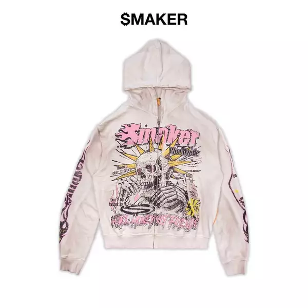 [SMAKER] Áo khoác zip 100% cotton màu kem có mũ - WORLDWIDE WASHED HOODIE IN CREAM