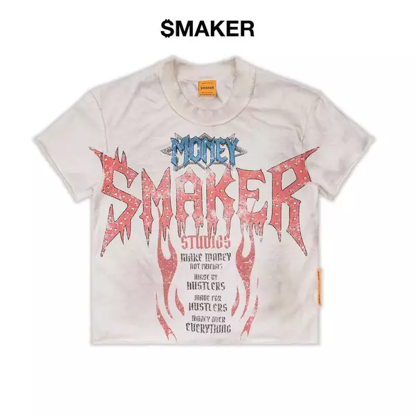 [SMAKER] Áo thun 100% cotton màu trắng có đính hạt - $MAKER ROCK WASHED TEE IN CREAM