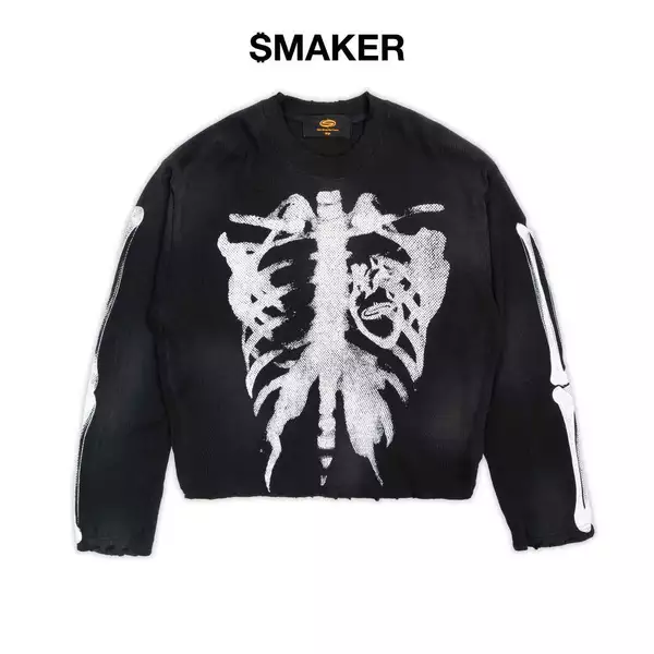 [SMAKER] Áo sweater vải tổ ong in hình xương màu đen - SKELETON WAFFLE WASHED TEE