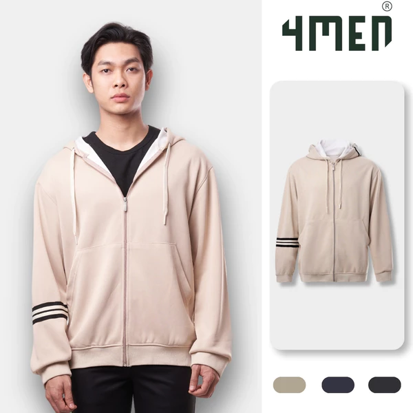 Áo Khoác Hoodie 4MEN Phối Sọc Tay Form Regular AH006 khoá zip, vải nỉ ép, thoải mái, đi chơi, đi làm