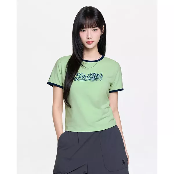 MLB - Áo croptop nữ cổ tròn tay ngắn Lettering_3FTSV5063-10GNP