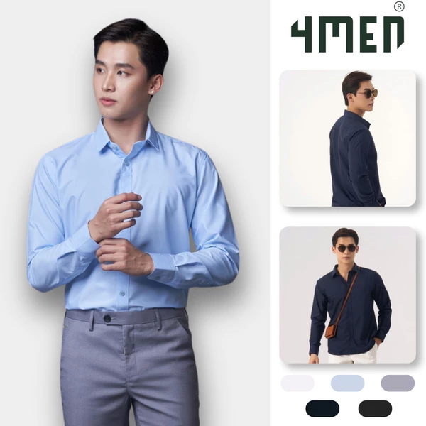 Áo sơ mi nam trơn slimfit 4MEN SM079 cổ bẻ cơ bản, vải modal - sợi gỗ sồi chống nhăn, mềm mịn