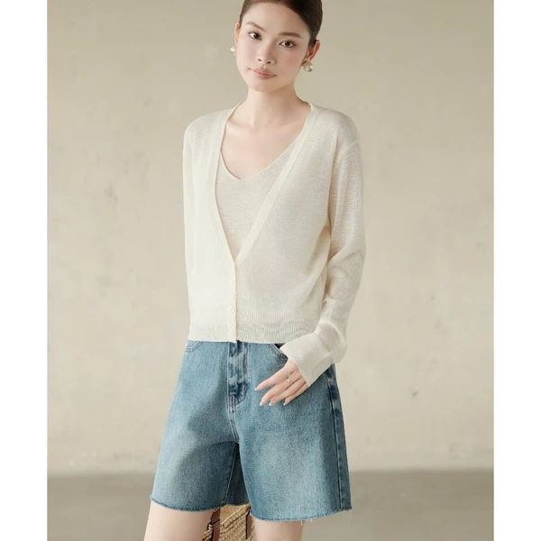 RUBIES Wishes Top - Áo Dệt Kim Nữ Vải Viscose Set Áo Khoác Cardigan Kèm Áo 2 Dây