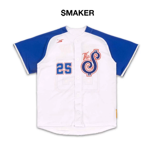 [SMAKER] Áo sơ mi không cổ bóng chày trắng xanh dương - THE $ BASEBALL JERSEY IN WHITE