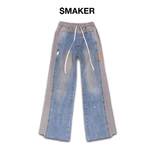 [SMAKER] Quần jean nam ống loe phối vải xám xanh dương phong cách đường phố - SWEAT PANTS MIX JEANS