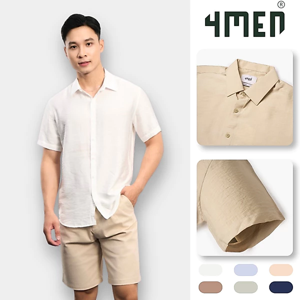 Áo Sơ Mi Nam Tay Ngắn Vải Linen Xước Đẹp 4MEN SM203, Vải Linen Form Regular Menswear