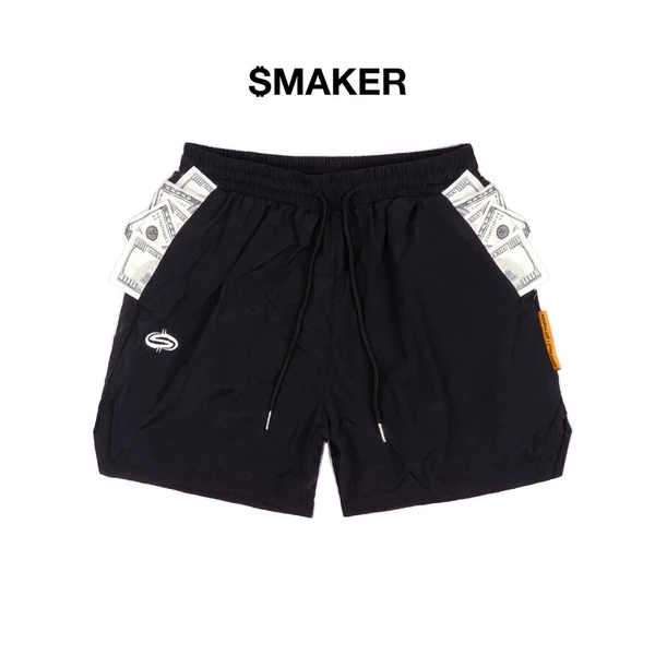 [SMAKER] Quần đùi short ngắn có hoạ tiết tiền màu đen - 2 POCKETS FULL NYLON SHORTS IN BLACK
