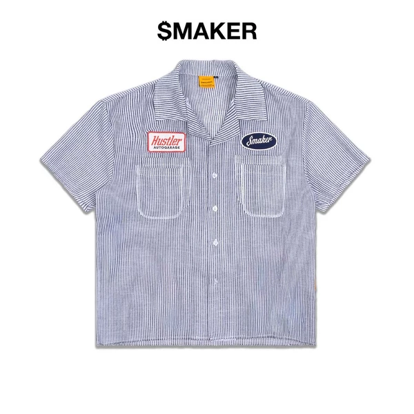 [SMAKER] Áo sơ mi trắng sọc xanh dương vải linen - HUSTLER AUTOGARAGE STRIPE SHIRT