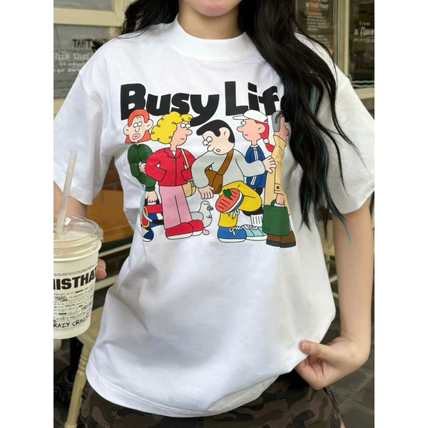 TheGlam CHÍNH HÃNG - Áo Thun Boxy UNISEX "BUSY LIFE" Màu Trắng/Xám - Áo Nam Nữ Cotton Thoáng mát - TS05-18