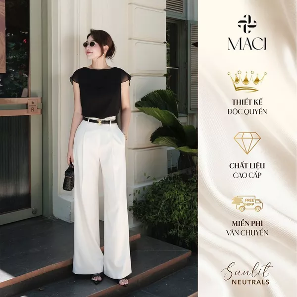 Quần Suông Chiết Li Cạp Liền Trắng Kem Chất Linen Hàn MACI MCQQTTR0182 Thời Trang Nữ Thiết Kế