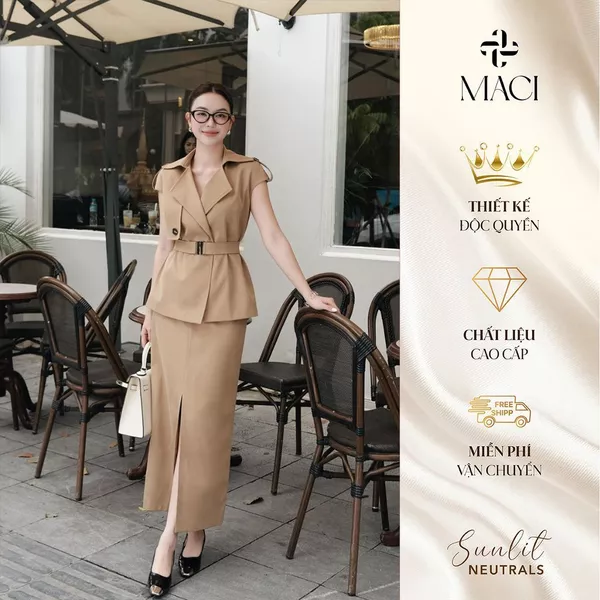 Áo Vest Kaki Hàn Tay Hến Kèm Đai Titan Cao Cấp MACI MCAAVBE0167 Thời Trang Nữ Thiết Kế Độc Quyền