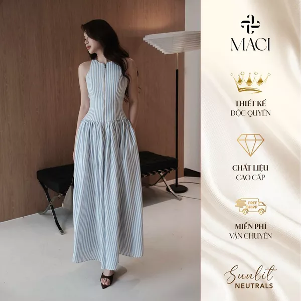 Váy Kẻ Xanh Sát Nách Khoá Đồng Chất Thô Cotton Hàn 2 Lớp MACI MCVVAXD0286 Thời Trang Nữ Thiết Kế Độc Quyền
