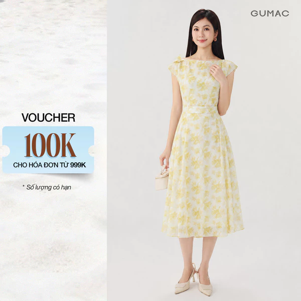 [VOUCHER 22%] Đầm Hoa Nữ GUMAC Cổ Thuyền Tay Liền Đính Cánh Bướm Hai Lớp Tùng Xòe Xếp Ly Nữ Tính Sang Trọng DG10031