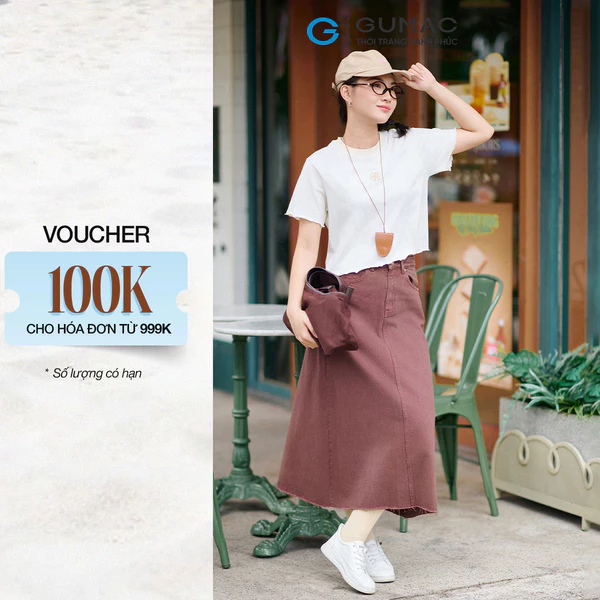 Chân váy nữ Gmorning - GUMAC form A jean xẻ sau thêu chữ trên túi  YVJF10061