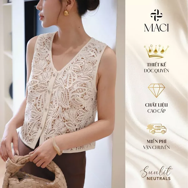 Áo Gile Ren Nổi Bo Viền Dáng Suông MACI MCAGLTR0380 Thời Trang Nữ Thiết Kế Độc Quyền