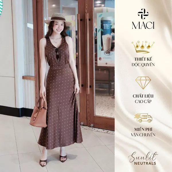 Chân Váy Lụa Dáng Đuôi Cá Chấm Bi Nâu MACI MCVCVNA0362 Thời Trang Nữ Thiết Kế Độc Quyền