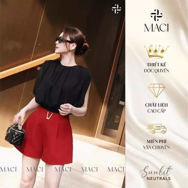 Quần Short V Đen Đỏ Trắng MACI MCQQSDE0031 Thời Trang Nữ Thiết Kế Độc Quyền