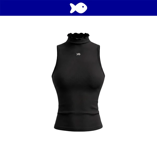 Áo thun nữ cổ lọ viền bèo DKMV dáng dài sát nách ôm body thiết kế basic phối logo cá inox màu đen Lyric Top | K-T73-D