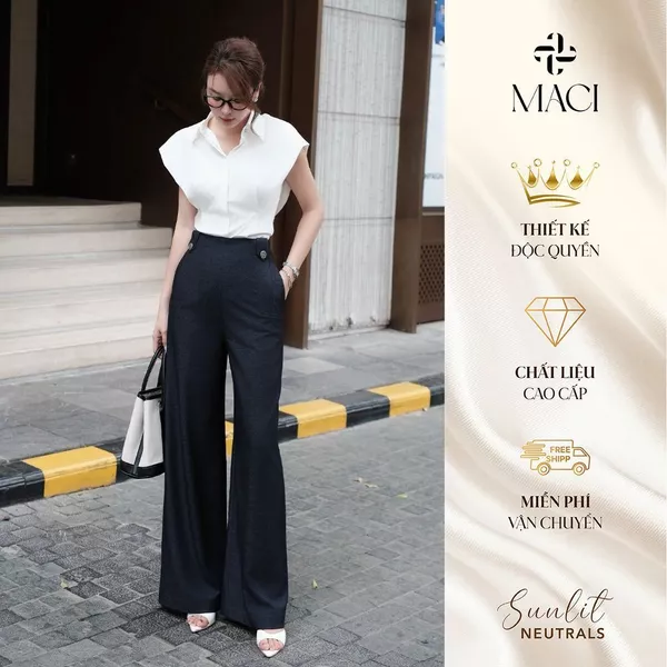 Quần Suông Chất Denim Mềm Cạp Cao Đỉa Liền Khuy Trang Trí MACI MCQQTXD0375 Thời Trang Nữ Thiết Kế
