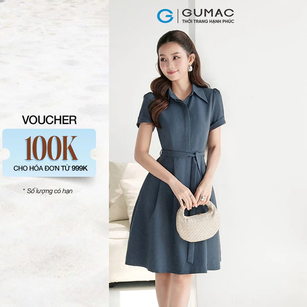Đầm nữ GUMAC form A eo cổ sơ mi 1 lớp có hai túi sườn chun eo  DF09018
