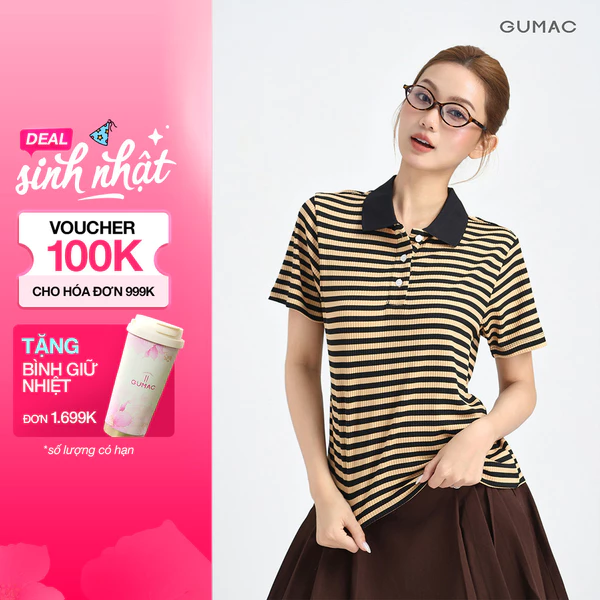 Áo Polo Nữ GUMAC Áo Thun Có Cổ Kẻ Sọc Ngang Chất Thun Gân Co Giãn Tay Ngắn Trẻ Trung LPLF1103