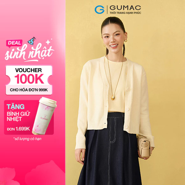 Áo len nữ GUMAC cardigan trơn cổ tim tay dài đính khuy nút nhựa  AF10022
