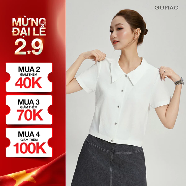 Áo Sơ Mi Nữ Form Lửng GUMAC Áo Cổ Lá Nhọn Cài Nút Kim Loại Thanh Lịch Công Sở AG04100