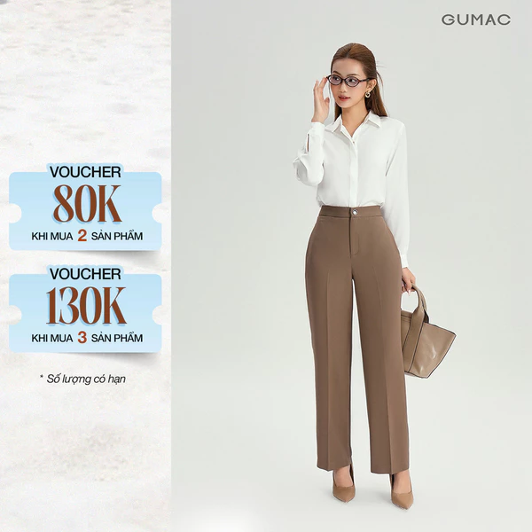 [NHẬP MÃ AFFTHAG GIẢM 99K] Quần Ống Suông Nữ 98cm GUMAC Lưng Cao Chất Cotton Công Sở Dáng Dài Cạp Cao Loe Nhẹ QE04001