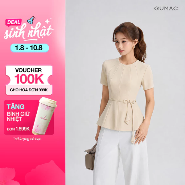 [VOUCHER 25%] Áo Kiểu Nữ GUMAC Form Peplum Cổ Tròn Tay Ngắn Chiết Eo Tôn Dáng Hiện Đại Kèm Dây Cột Eo Nữ Tính LAG06032