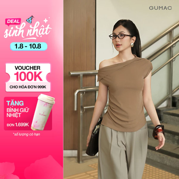 [VOUCHER 25%] Áo Thun Nữ GUMAC Form Ôm Cổ Lệch Vai Nhún Sườn Tạo Hiệu Ứng Thon Gọn Hiện Đại Trẻ Trung ATG07027