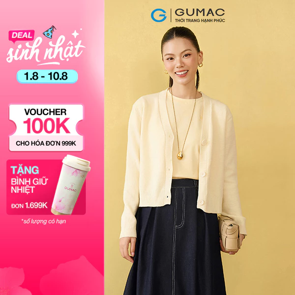 Áo len nữ GUMAC cardigan trơn cổ tim tay dài đính khuy nút nhựa  AF10022