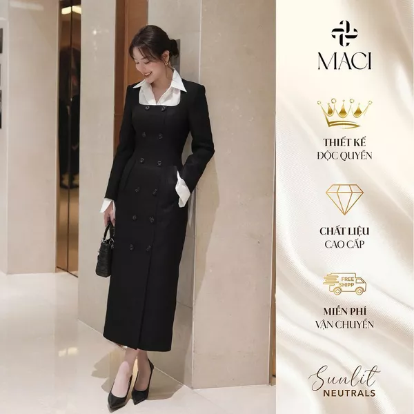 Váy Măng Tô Dáng Bút Chì Đen Chất Chéo Hàn Hai Hàng Khuy Sừng MACI MCVVADE0261 Thời Trang Nữ