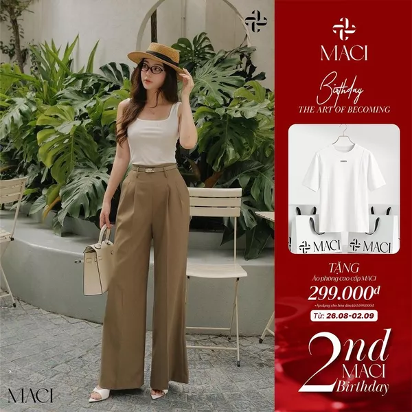 Quần Ống Suông Chiết Li Cạp Liền Linen Hàn Màu Nâu Rêu MACI MCQQAXL0131 Thời Trang Nữ Thiết Kế Độc Quyền