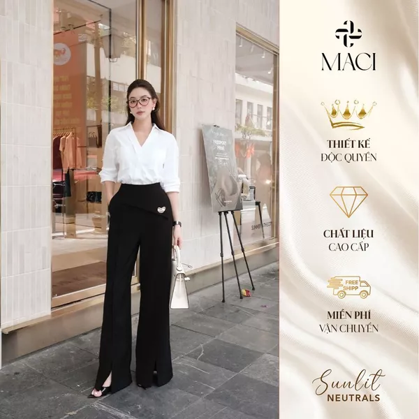 Quần Suông Xẻ Tà Vạt Yếm Cách Điệu Chất Liệu Chéo Ý Cao Cấp MACI MCQQTDE0156 Thời Trang Nữ Thiết Kế Độc Quyền