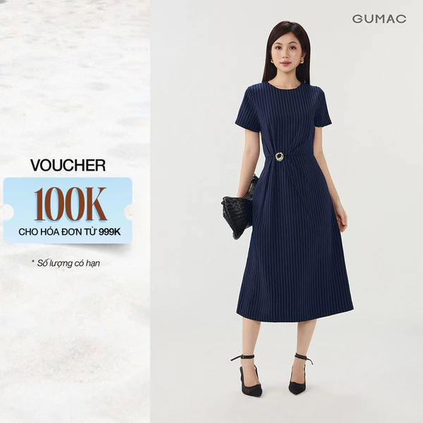 Đầm Nữ GUMAC Dáng Xòe Draping Cổ Tròn Tay Ngắn Có Túi Sườn Tiện Lợi Đính Phụ Kiện Thanh Lịch DG07101