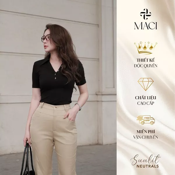 Áo Thun Tăm Polo Khuy Bạc Màu Đen / Trắng MACI MCAATTR0275 MCAATDE0277 Thời Trang Nữ Thiết Kế Độc Quyền