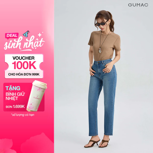 Quần Jeans Nữ GUMAC Form Ống Ôm Co Giãn Bảng Lưng Con Đỉa Nút Logo Sang Trọng QJG07090