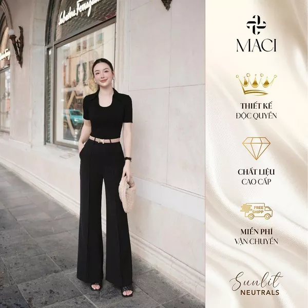 Quần Suông Đen Gân Nổi Chất Liệu Chéo Hàn Cao Cấp MACI MCQQTDE0100 Thời Trang Nữ Thiết Kế Độc Quyền