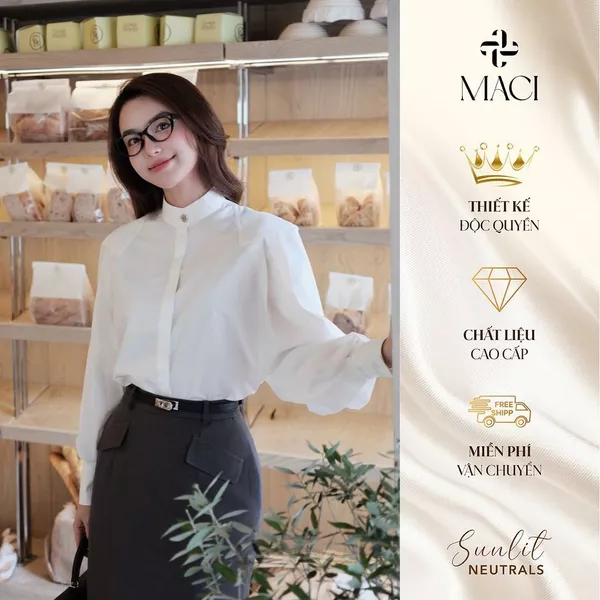 Áo Sơ Mi Trắng Cổ Tàu Dài Tay Chất Thô Tằm Hàn MACI MCASMTR0313 Thời Trang Nữ Thiết Kế Độc Quyền