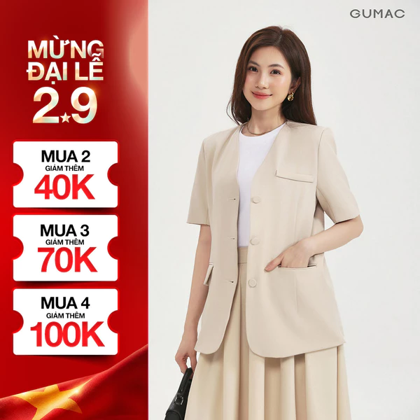 Áo Blazer Tay Ngắn GUMAC Dáng Suông Đệm Vai Mỏng Thiết Kế 2 Lớp Cao Cấp LOWG0104