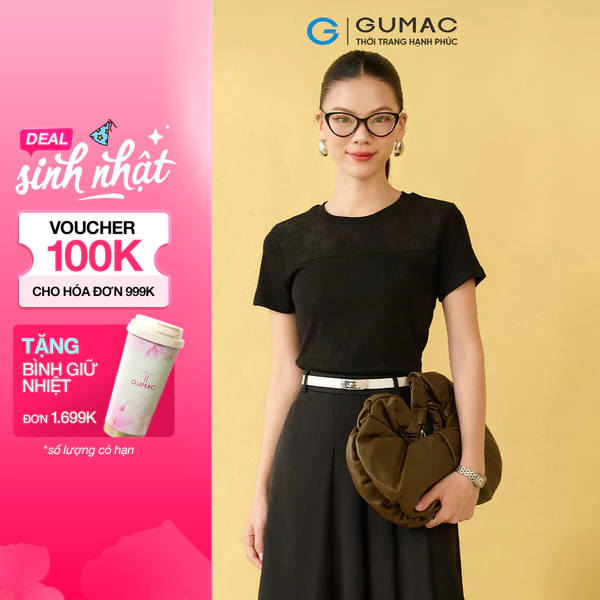 Áo thun nữ GUMAC form slim kiểu phối ren cổ bo tròn tay ngắn  ATF10008