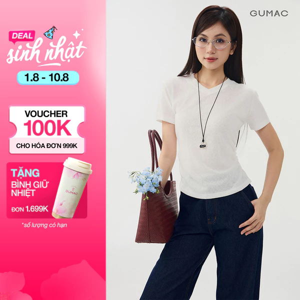 [VOUCHER 25%] Áo Thun Nữ GUMAC Form Suông Cổ V Tay Ngắn Nhún Sườn Thiết Kế Trẻ Trung Hiện Đại Dễ Phối ATG07025