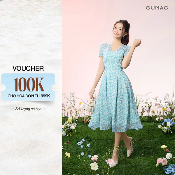 Đầm Nữ GUMAC Form A Xòe Hoa Cổ V Ngắn Nhún Vai Tôn Dáng Dịu Dàng Thanh Lịch Phù Hợp Đi Làm Đi Tiệc DG07026